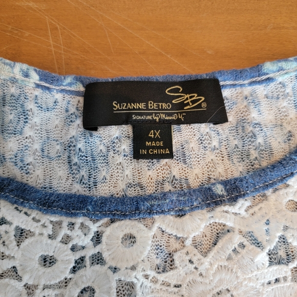 Suzanne Betro Womens Ivory & Blue Floral Lace Blouse Plus Size 4X - Picture 9 of 11